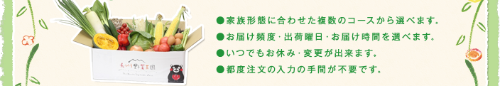 家族形態に合わせた複数のコースから選べます。お届け頻度・出荷曜日・お届け時間を選べます。いつでもお休み・変更が出来ます。都度注文の入力の手間が不要です。