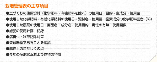 栽培管理表の主な項目 土づくりの使用資材（化学肥料・有機肥料を除く）の使用日・目的・主成分・使用量、使用した化学肥料・有機化学肥料の使用日・資材名・使用量・窒素成分の化学肥料割合（％）、使用した農薬の使用日・商品名・成分名・使用目的・毒性の有無・使用回数、施肥の使用計画、記録、病害虫・雑草防除対策、登録農薬であることを確認、栽培上のこだわりの点、今年の産地状況および作物の特徴