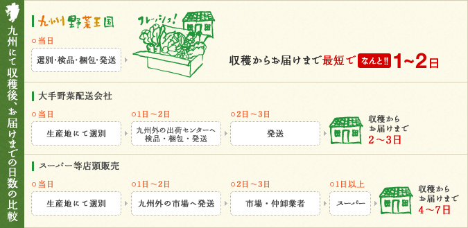 九州にて収穫後、お届けまでの日数の比較。