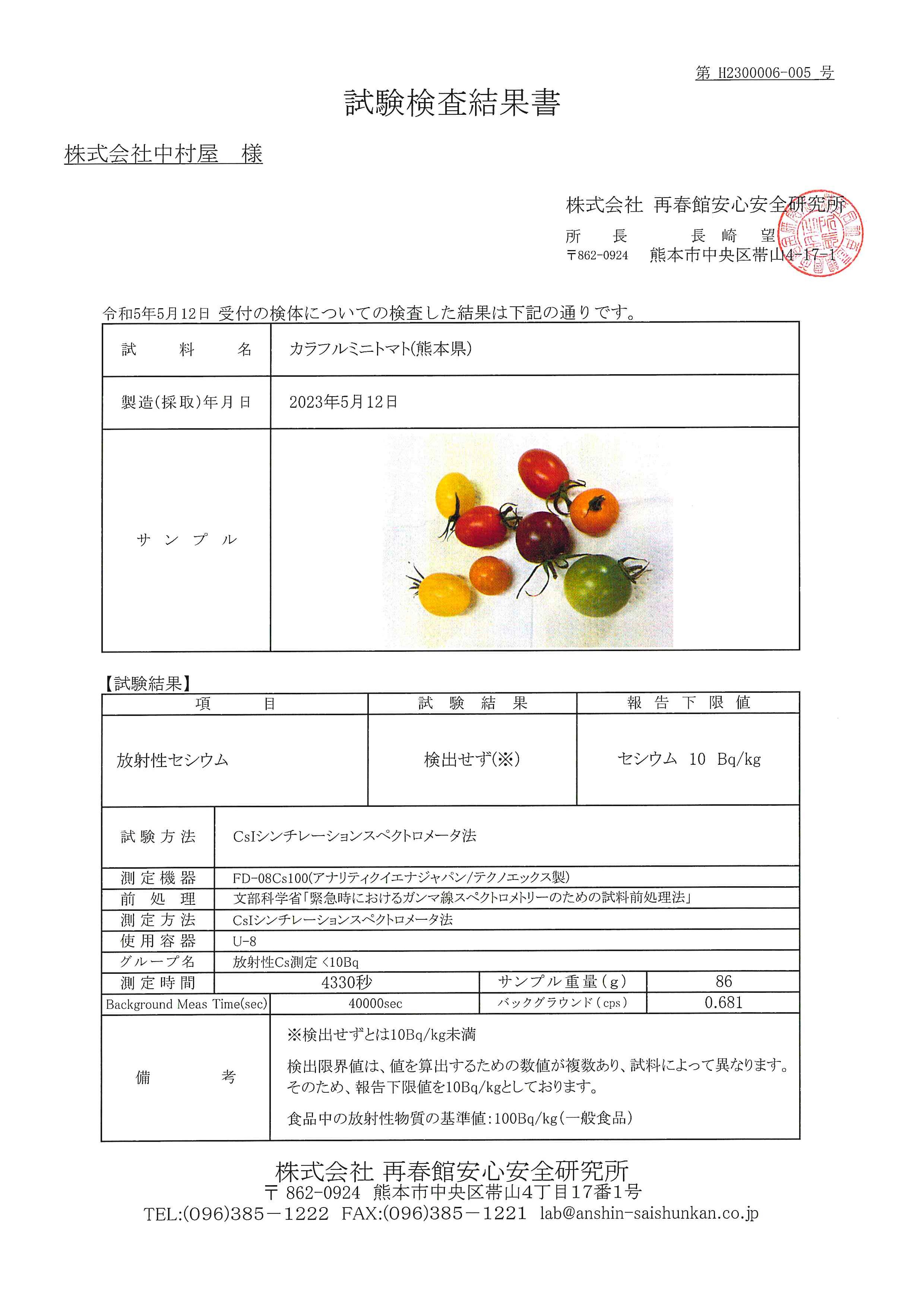 カラフルミニトマト（熊本）の検査結果