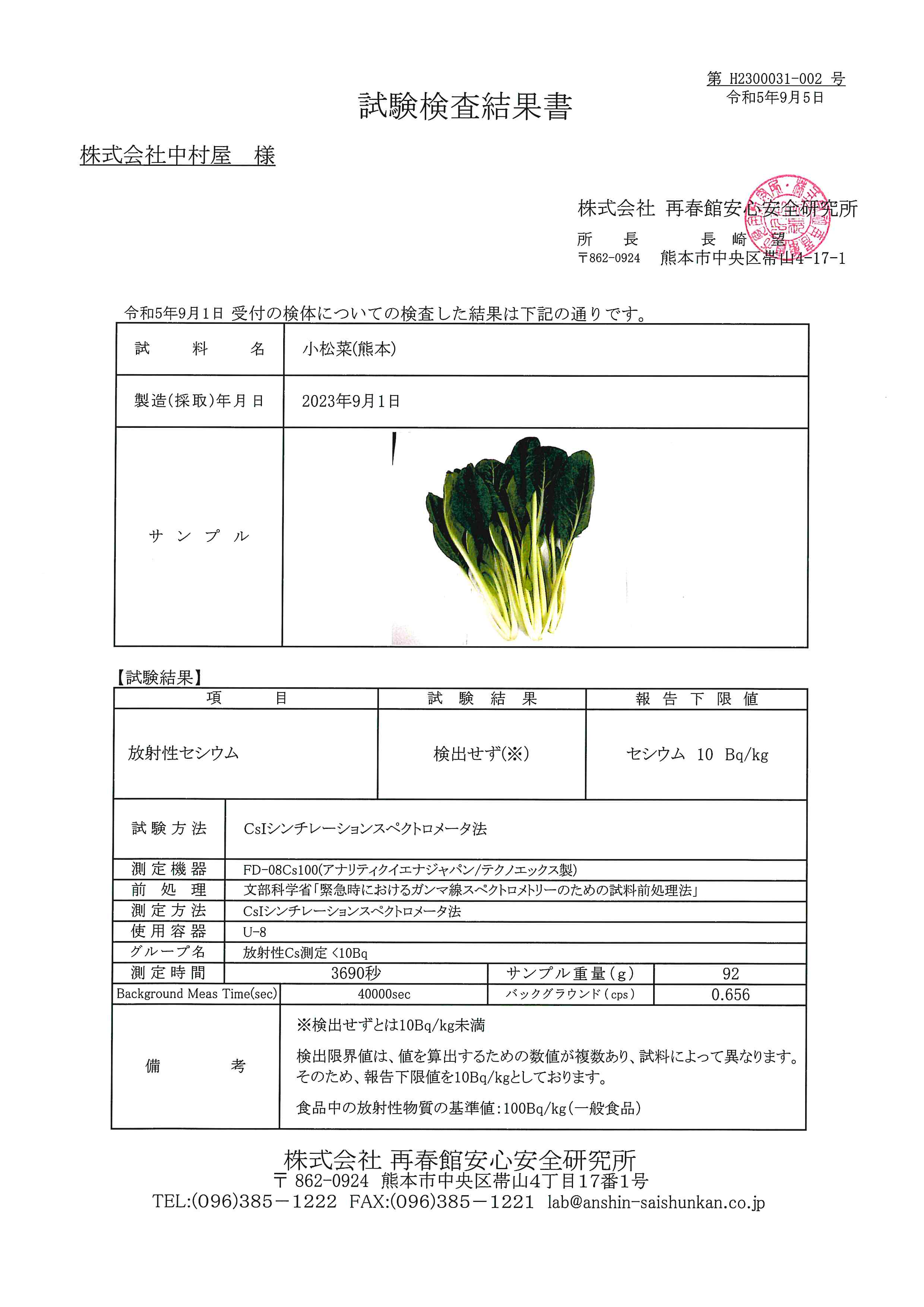 小松菜（熊本）の検査結果